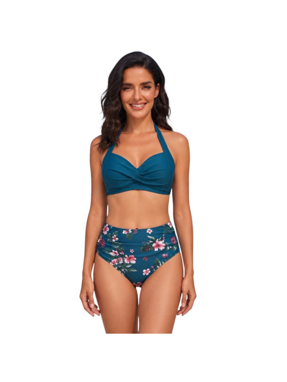 Tempt Me Teal Floral Halter High-Waisted Bikini Set L NWT